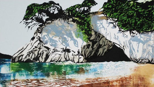 Cathedral Cove.  Woodblock Print by Nic Tucker